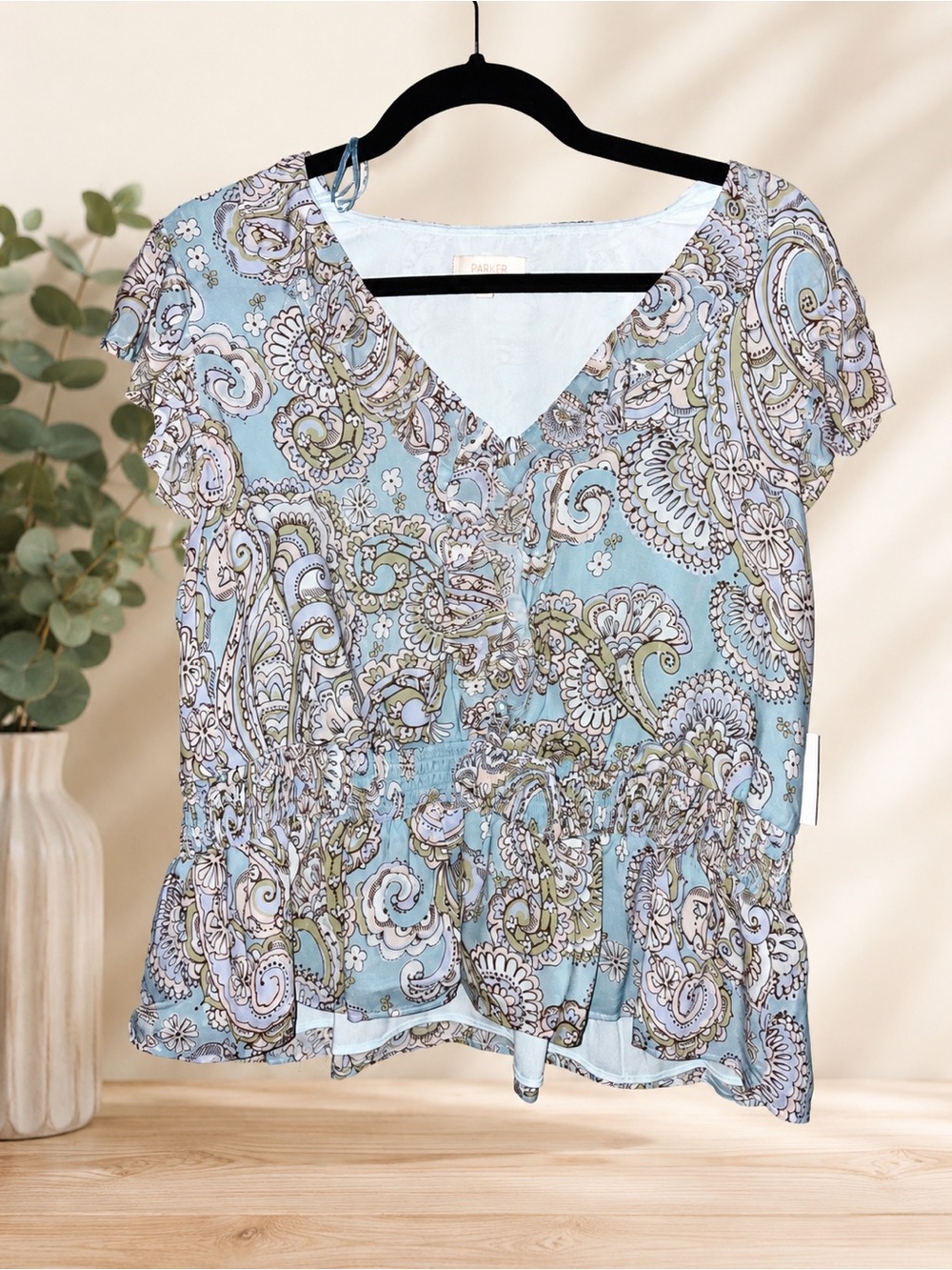 Parker NWT Silk Blend Paisley Blouse Women’s XL Blue Flutter Peplum Boho Top